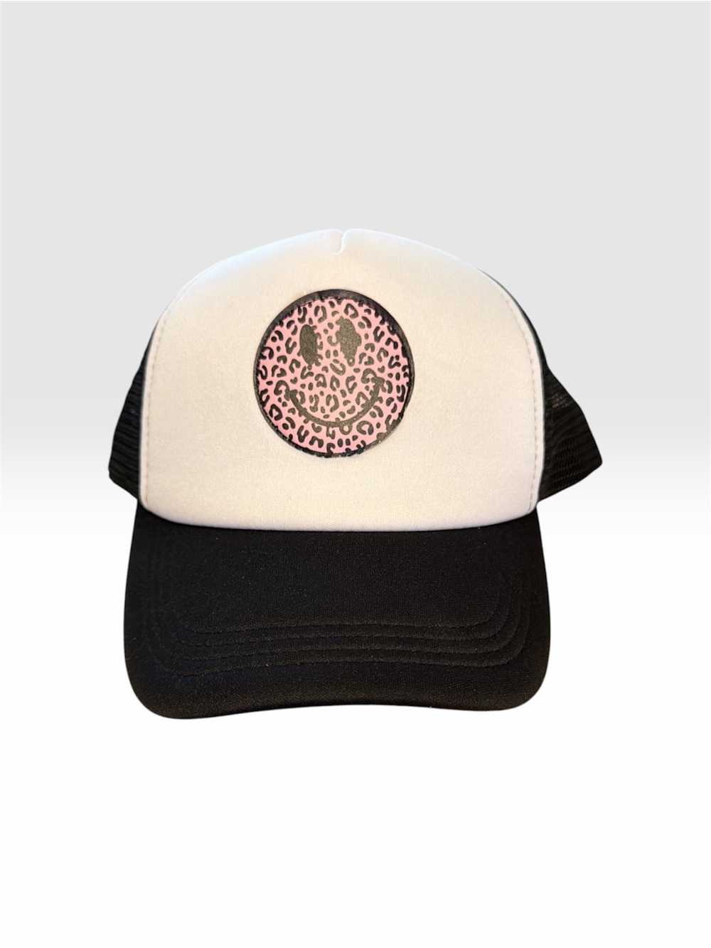⭐️ Bundle 5 for $13 • White and Black Trucker Hat with Pink Leopard Smile Patch